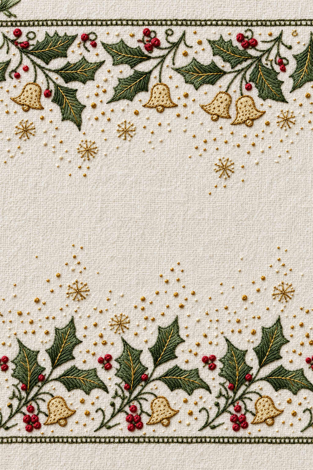 Fine green holly, cranberry berries and antique gold bell embroidery borders with scattered snowflake stitches and an open ivory linen centre. Textile visualization from Christmas Embroidery Collection Edition 1, a digital PDF design book.