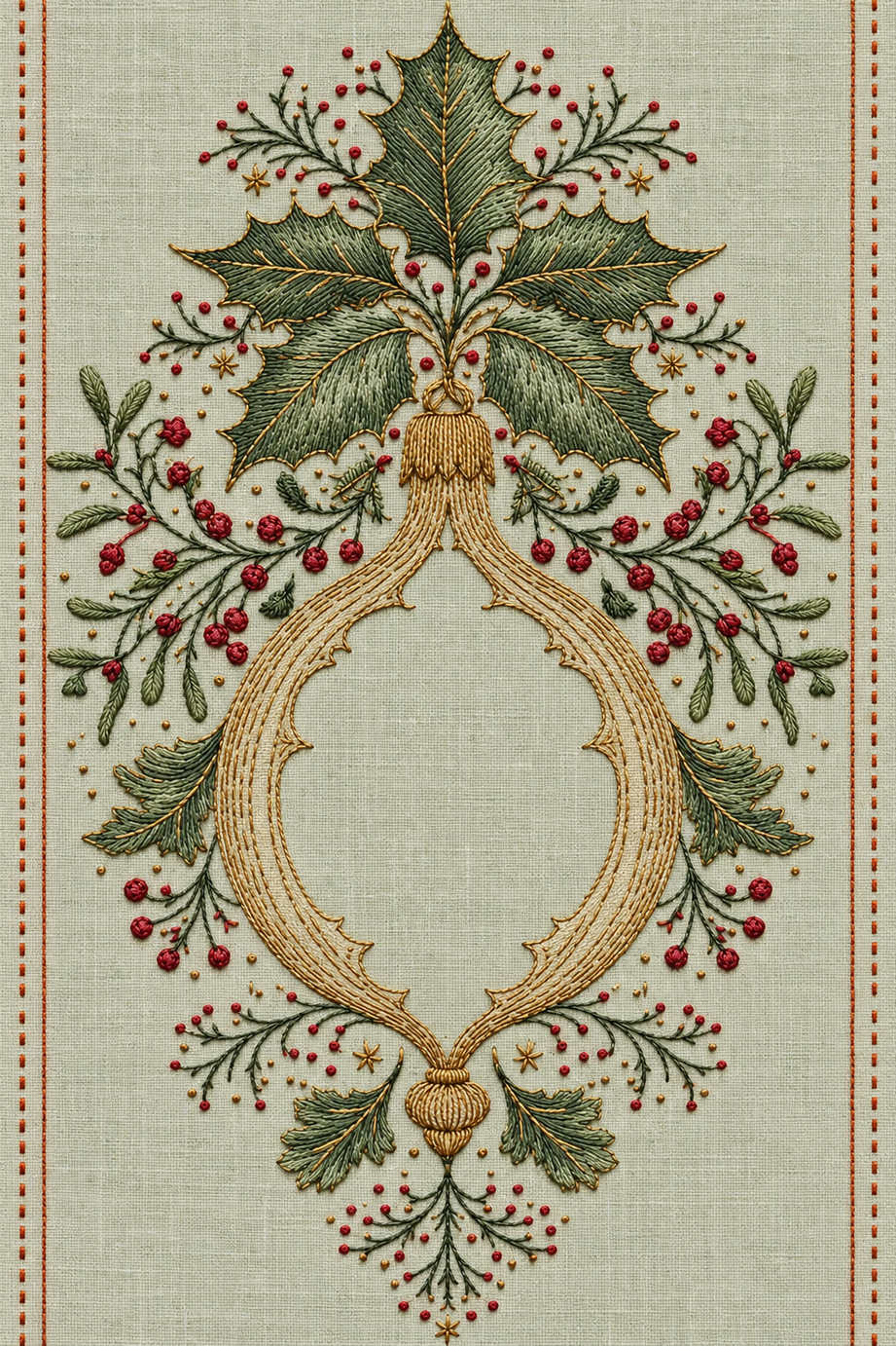 Fine holly, berries and ornate scroll cartouche embroidery with an open central medallion on pale sage linen. Textile visualization from Christmas Embroidery Collection Edition 1, a digital PDF design book.
