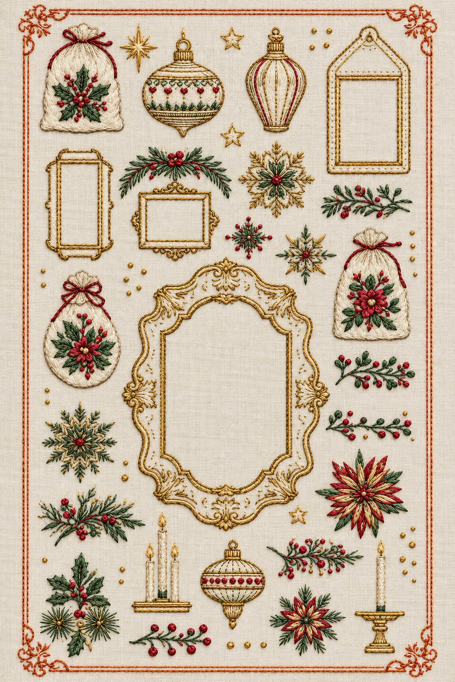 Christmas embroidery motif library of gift sacks, hanging ornaments, empty frames, snowflakes, candles and leafy sprigs on ivory linen. Textile visualization from Christmas Embroidery Collection Edition 1, a digital PDF design book.