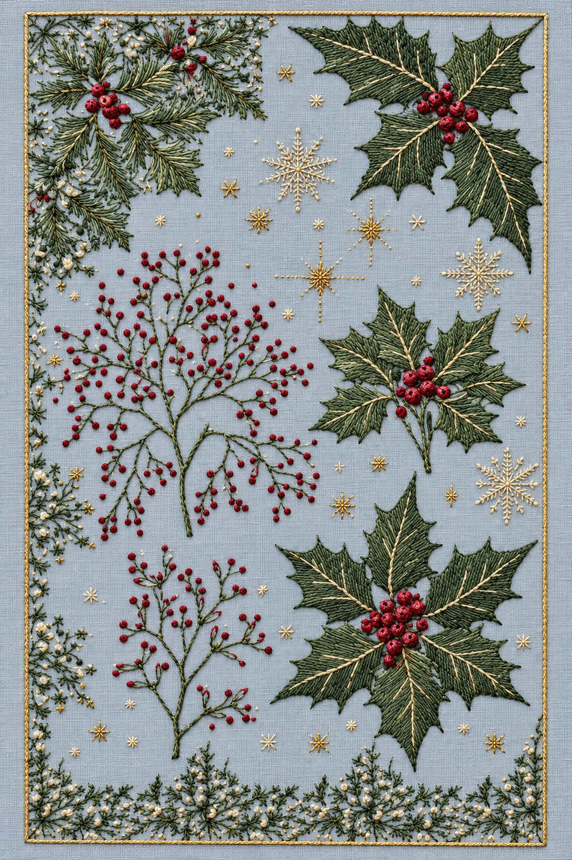Christmas holly leaves, berry branches and scattered snowflakes with a fine foliage edge border on pale dusty blue linen. Textile visualization from Christmas Embroidery Collection Edition 1, a digital PDF design book.
