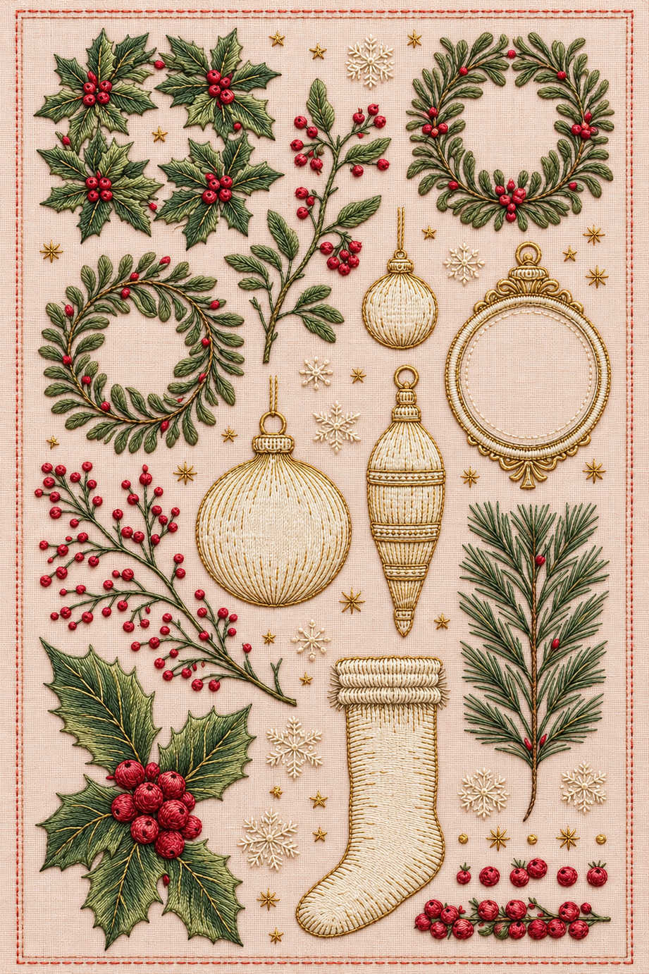 Fine Christmas wreath, bauble, berry branch, pine sprig and stocking motif sampler with an empty circular ornament frame on pale blush linen. Textile visualization from Christmas Embroidery Collection Edition 1, a digital PDF design book.