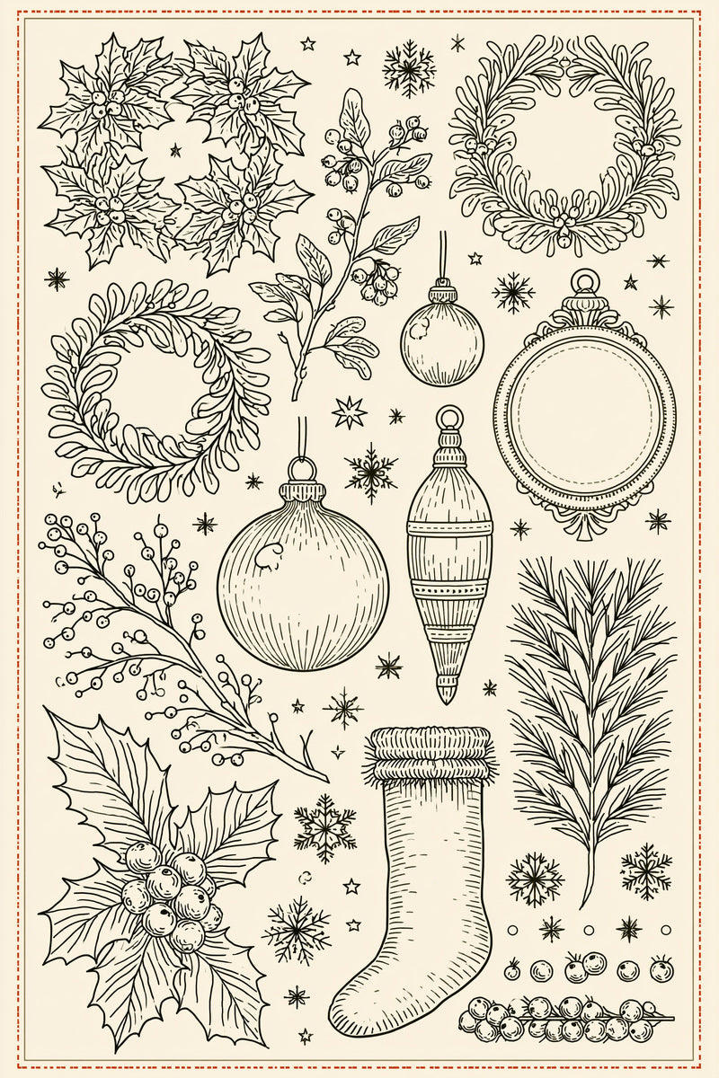 Original christmas wreath bauble stocking library design plate from Christmas Embroidery Collection Edition 1, a digital PDF embroidery design book.
