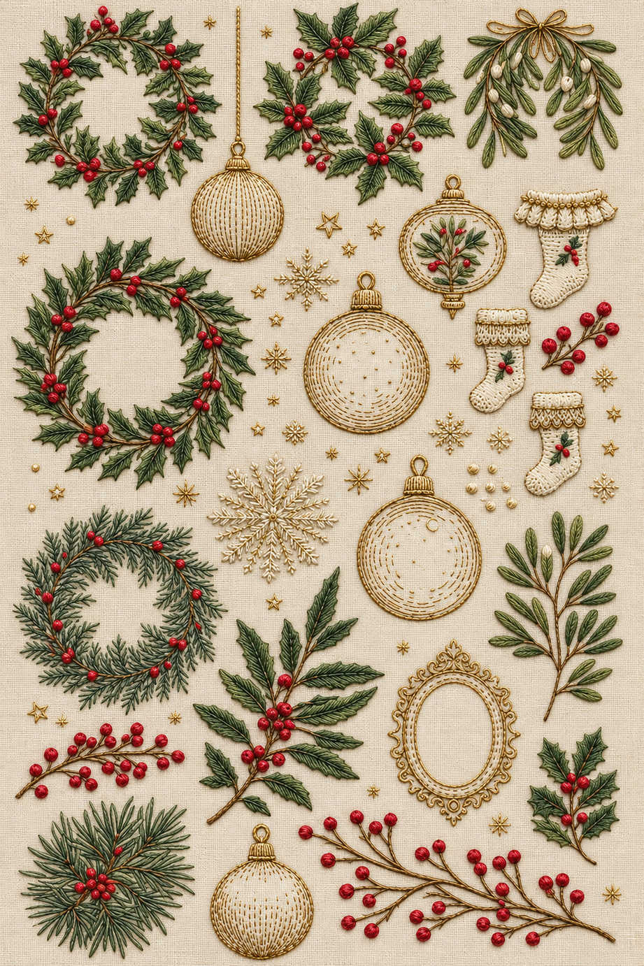 Fine Christmas embroidery sampler of holly wreaths, baubles, three stockings, mistletoe and berry branches on ivory linen. Textile visualization from Christmas Embroidery Collection Edition 1, a digital PDF design book.