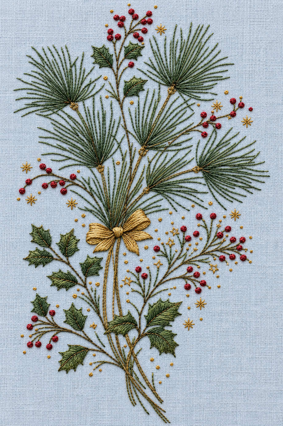Fine pine needle and holly bouquet embroidery with berry sprays, a tied bow, tiny stars and seed stitches on pale blue linen. Textile visualization from Christmas Embroidery Collection Edition 1, a digital PDF design book.
