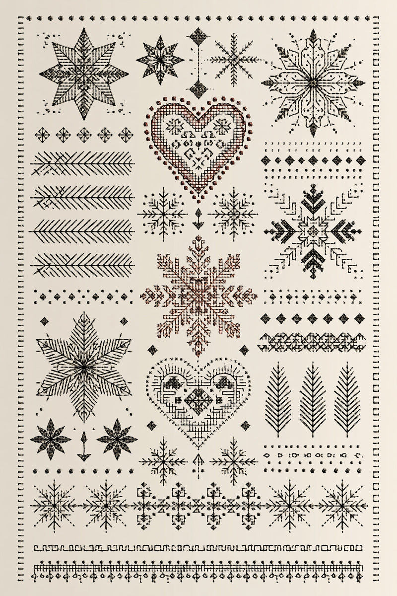 Original nordic christmas snowflake heart sampler design plate from Christmas Embroidery Collection Edition 1, a digital PDF embroidery design book.