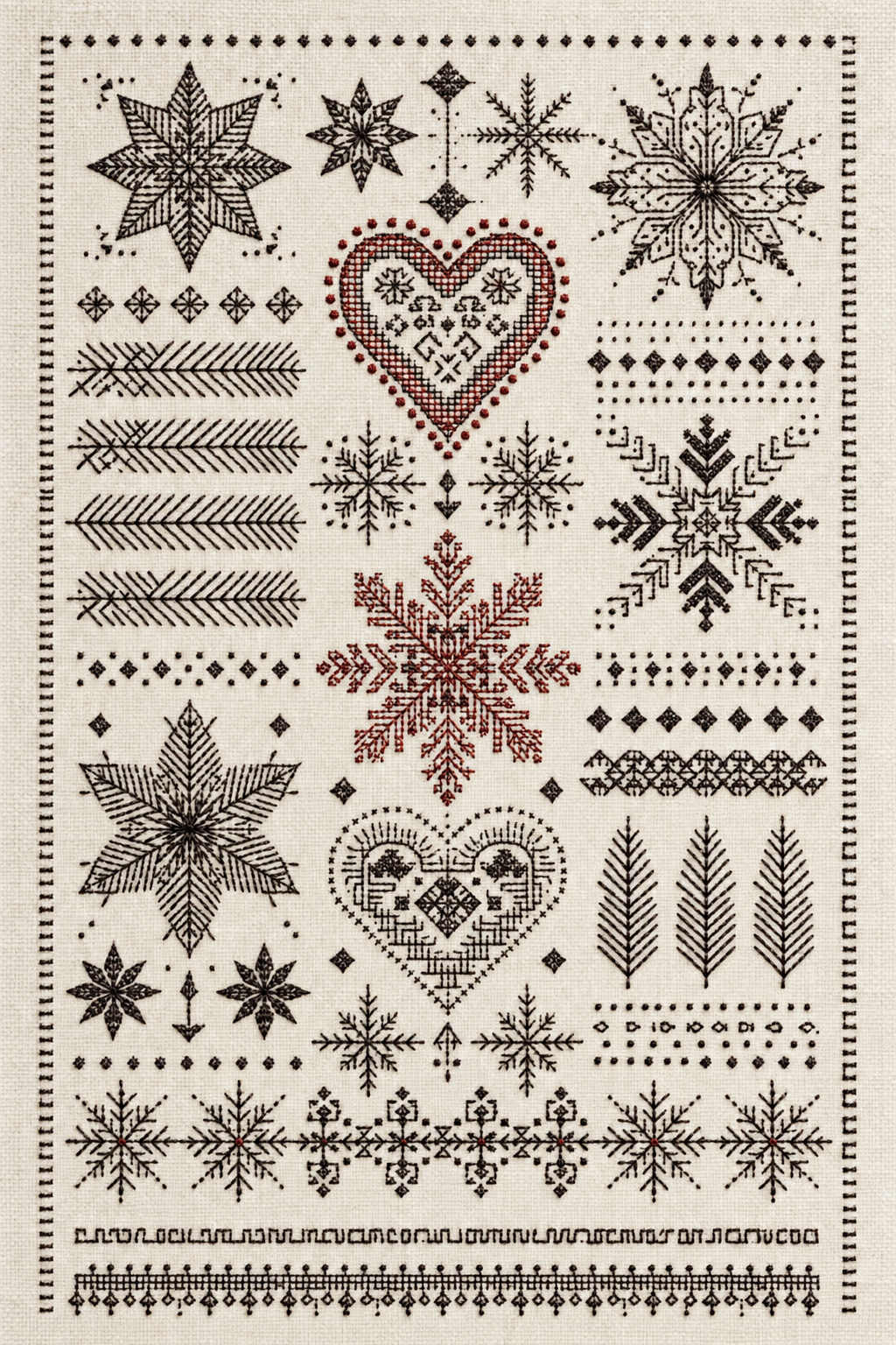 Nordic Christmas sampler with geometric snowflakes, two patterned hearts, fir branches and stitch borders on natural ivory linen. Textile visualization from Christmas Embroidery Collection Edition 1, a digital PDF design book.