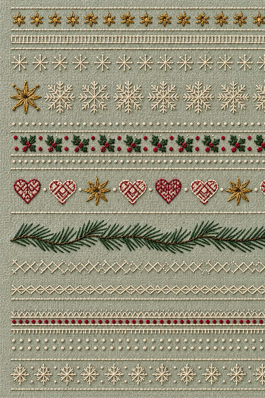 Fine Christmas border stitch library of stars, snowflakes, holly, patterned hearts, pine needles and geometric bands on pale sage linen. Textile visualization from Christmas Embroidery Collection Edition 1, a digital PDF design book.