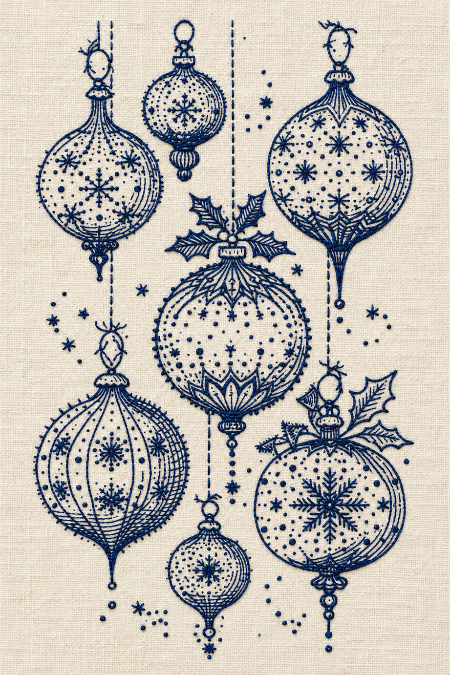 Seven ornate Christmas baubles with snowflakes, holly and tiny dotted accents embroidered in fine navy blue thread on ivory linen. Textile visualization from Christmas Embroidery Collection Edition 1, a digital PDF design book.