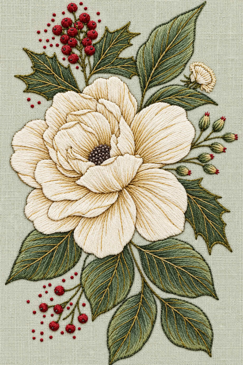 A large ivory winter flower with holly leaves, berry sprays and a small bud rendered as fine embroidery on pale sage linen. Textile visualization from Christmas Embroidery Collection Edition 1, a digital PDF design book.