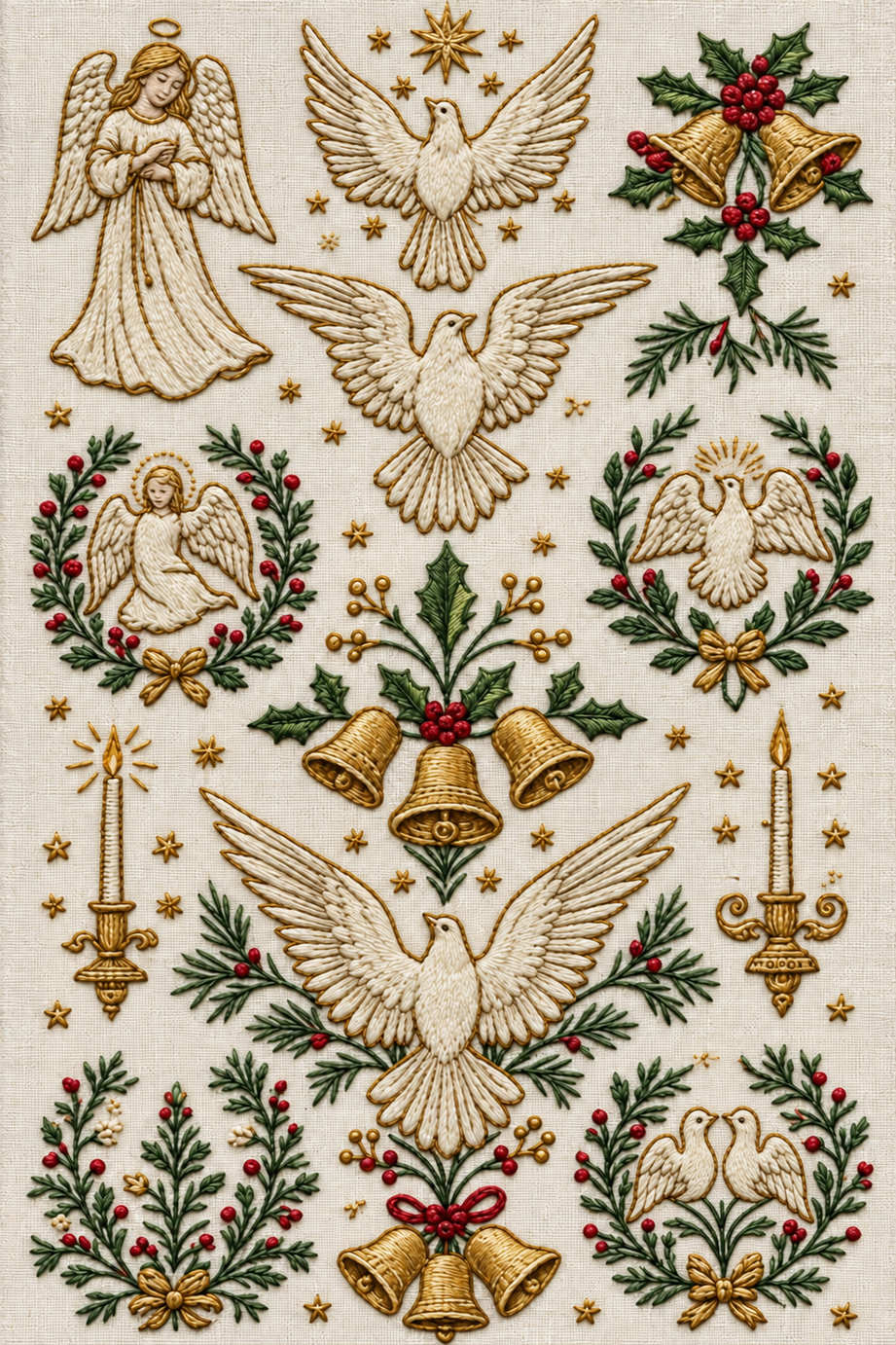 Fine Christmas motif sampler of an angel, spread-wing doves, wreaths, bell clusters and candles on ivory linen. Textile visualization from Christmas Embroidery Collection Edition 2, a digital PDF design book.