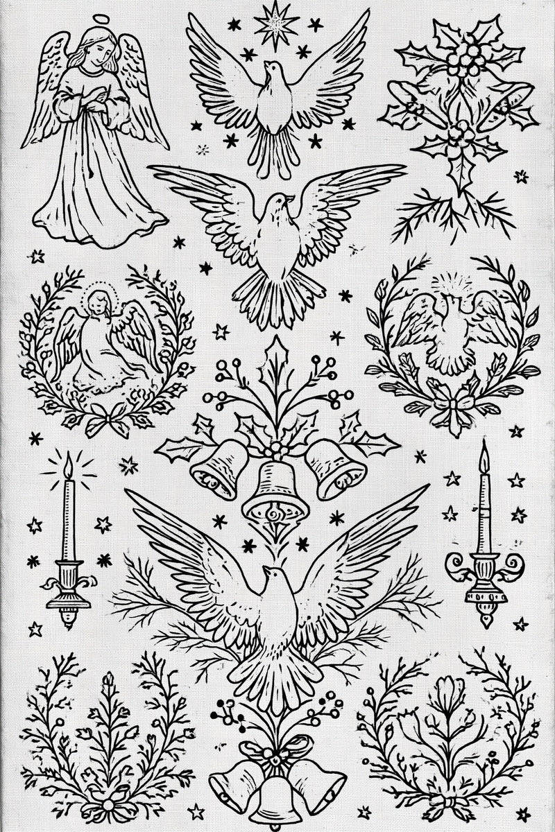 Original christmas angel dove bell library design plate from Christmas Embroidery Collection Edition 2, a digital PDF embroidery design book.