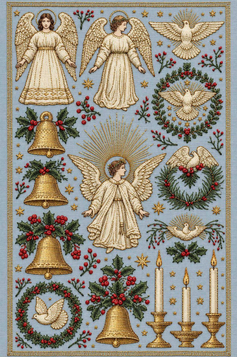 Three angels, doves, holly bells, wreaths and three candles in fine ivory, evergreen and antique gold embroidery on pale blue linen. Textile visualization from Christmas Embroidery Collection Edition 2, a digital PDF design book.