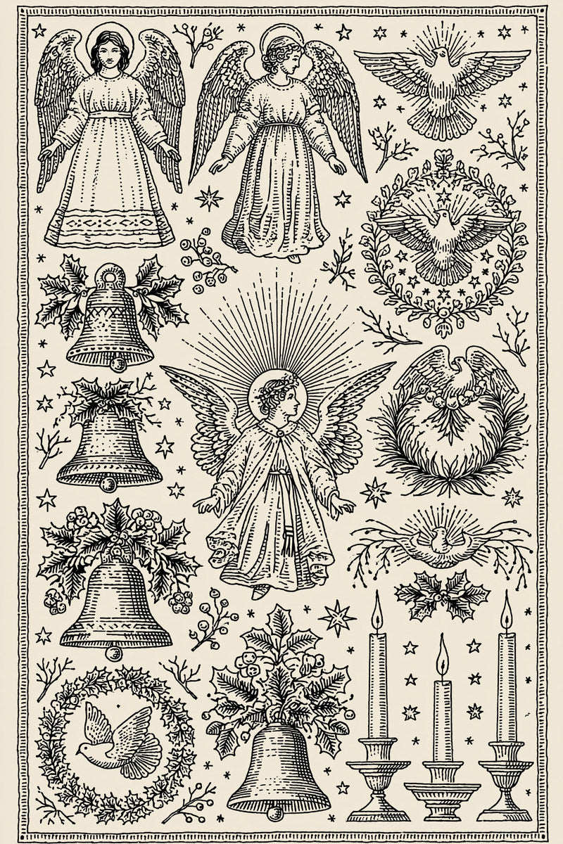 Original christmas three angels sacred sampler design plate from Christmas Embroidery Collection Edition 2, a digital PDF embroidery design book.