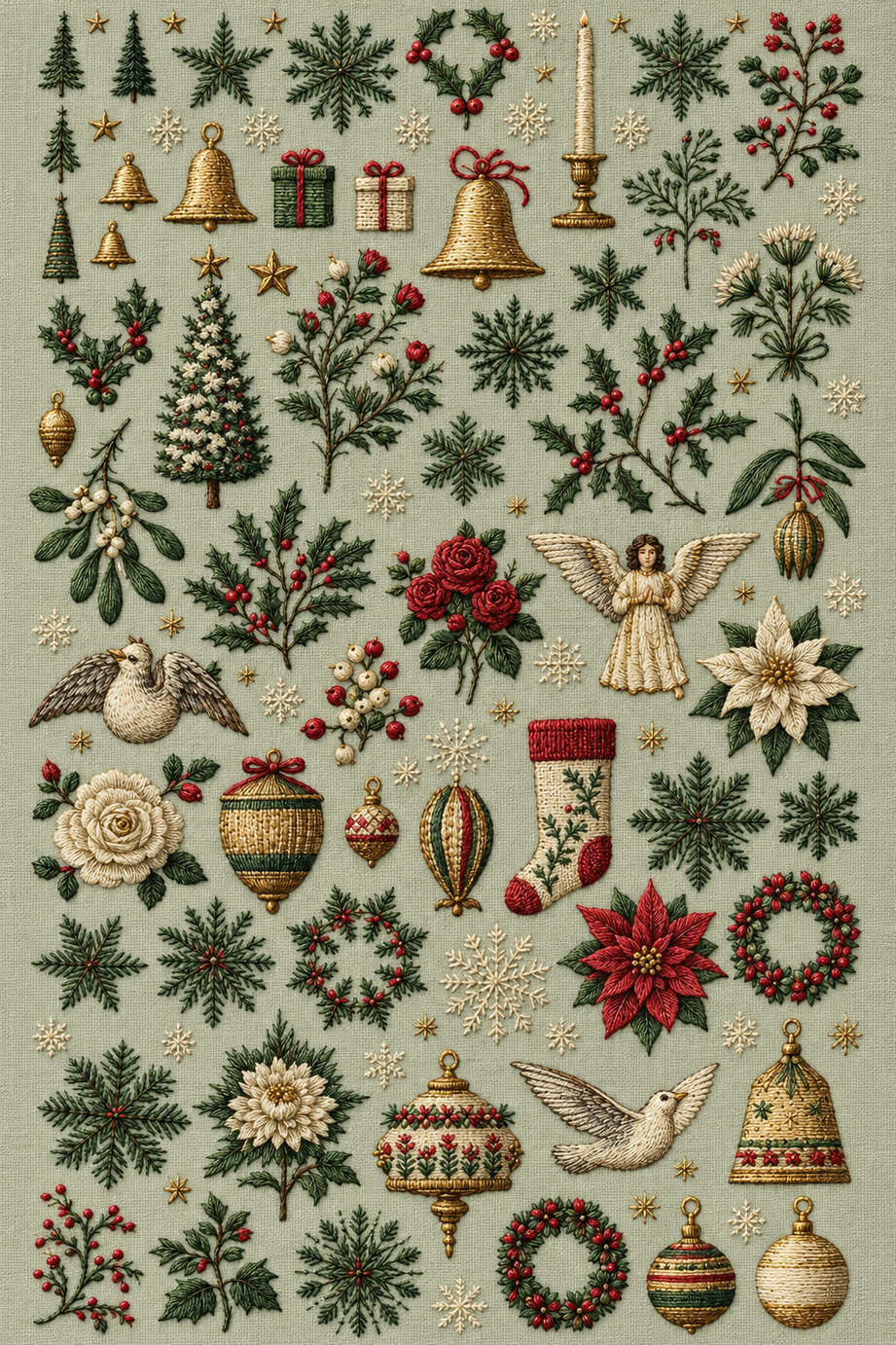 Christmas miniature motif library with trees, snowflakes, bells, gifts, flowers, birds, ornaments and a stocking embroidered on pale sage linen. Textile visualization from Christmas Embroidery Collection Edition 2, a digital PDF design book.