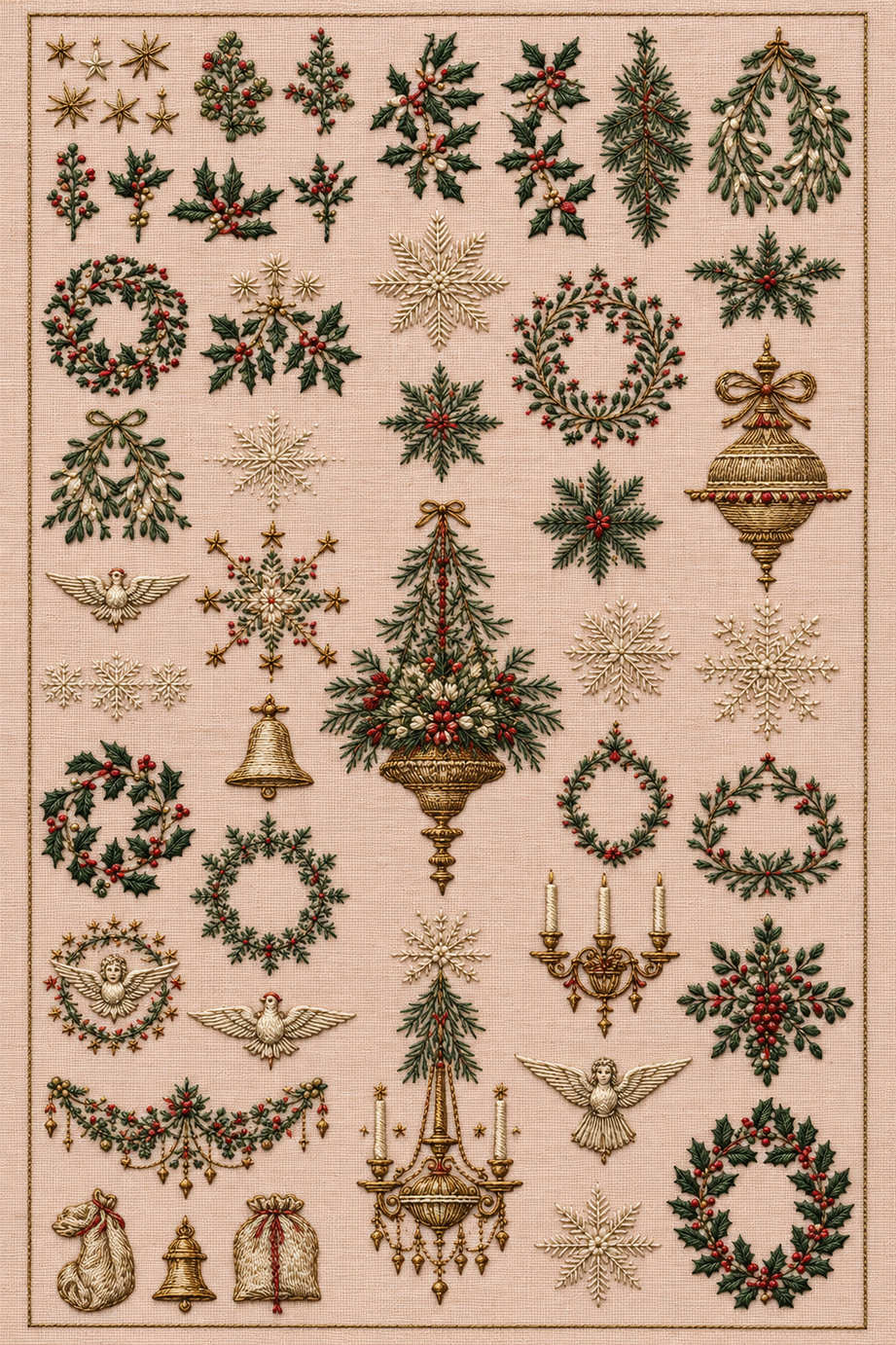 Victorian Christmas embroidery sampler of wreaths, snowflakes, ornate hanging decorations, birds, candles and tied sacks on pale blush linen. Textile visualization from Christmas Embroidery Collection Edition 2, a digital PDF design book.