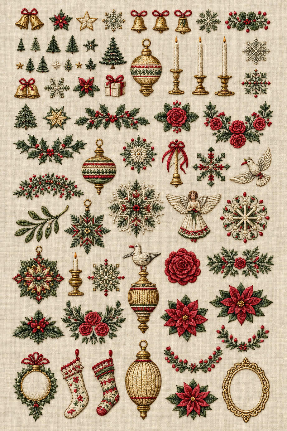 Fine Christmas bell, snowflake, tree, rose, bird and bauble sampler with stockings and empty ornament frames on ivory linen. Textile visualization from Christmas Embroidery Collection Edition 2, a digital PDF design book.