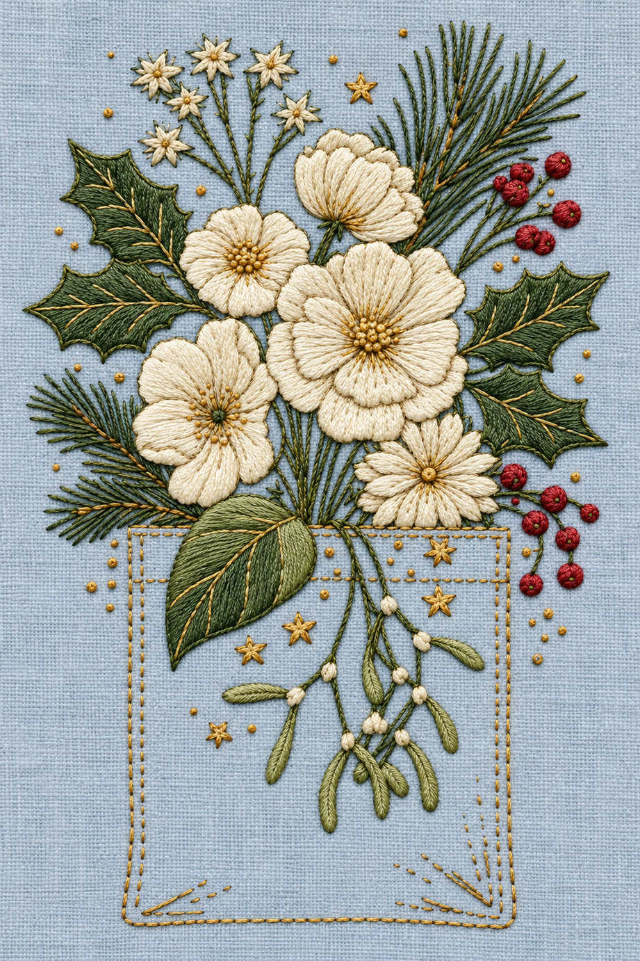 Fine winter flower bouquet with pine, holly, berries and trailing mistletoe above a stitched pocket outline on pale blue linen. Textile visualization from Christmas Embroidery Collection Edition 2, a digital PDF design book.