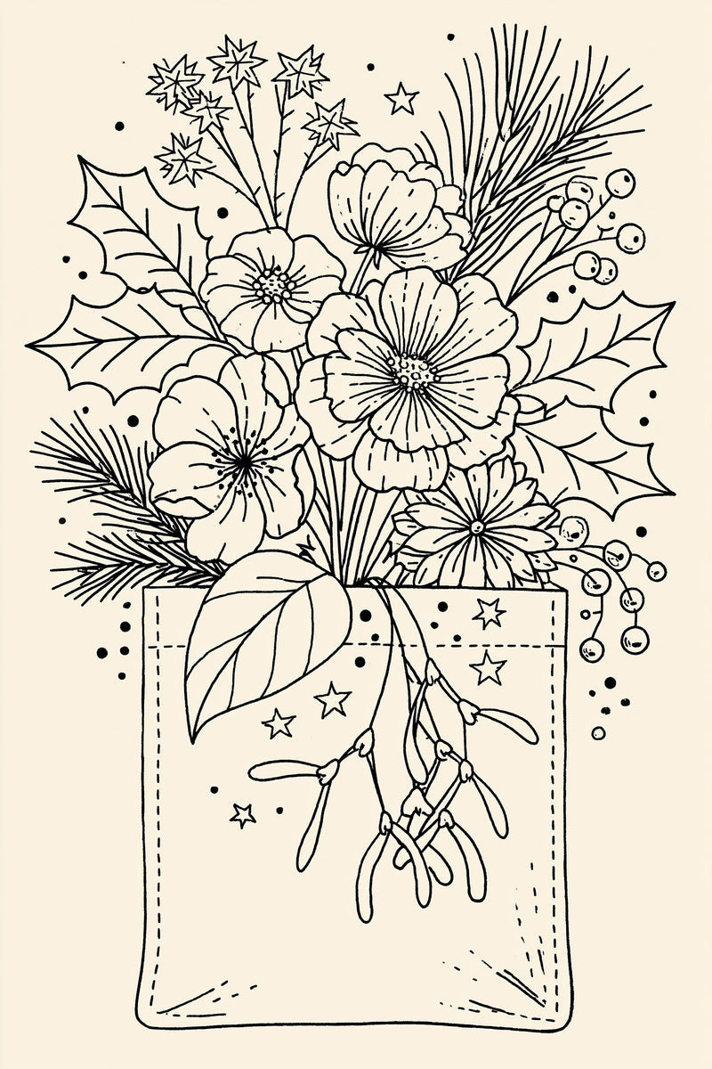 Original christmas pocket floral bouquet design plate from Christmas Embroidery Collection Edition 2, a digital PDF embroidery design book.