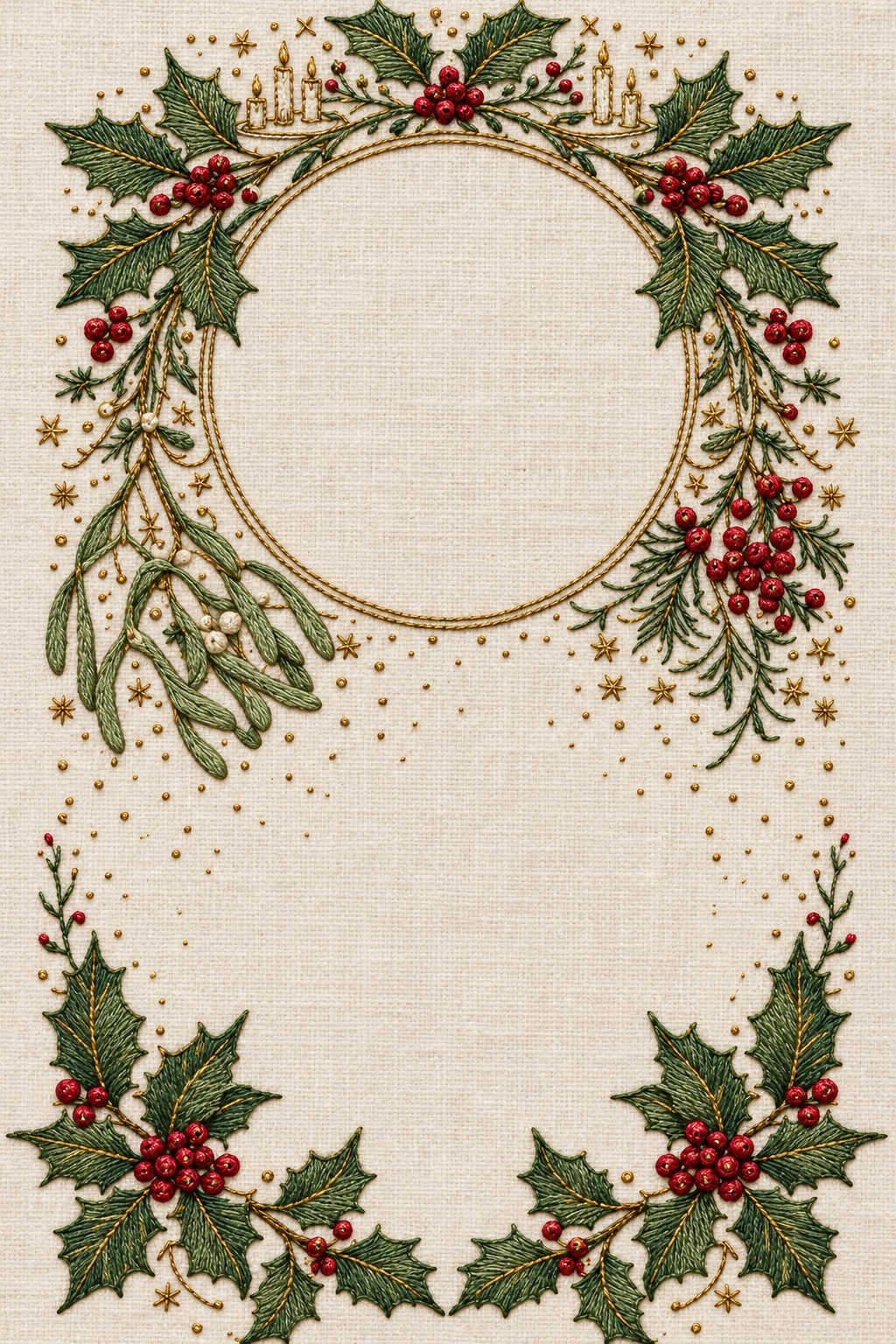 Christmas holly and mistletoe panel with a large open circular frame, tiny candles and lower foliage corners embroidered on ivory linen. Textile visualization from Christmas Embroidery Collection Edition 2, a digital PDF design book.