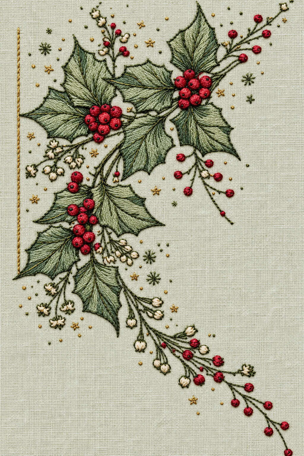 Three holly and berry clusters with fine trailing buds, small stars and a stitched corner line on pale sage linen. Textile visualization from Christmas Embroidery Collection Edition 2, a digital PDF design book.