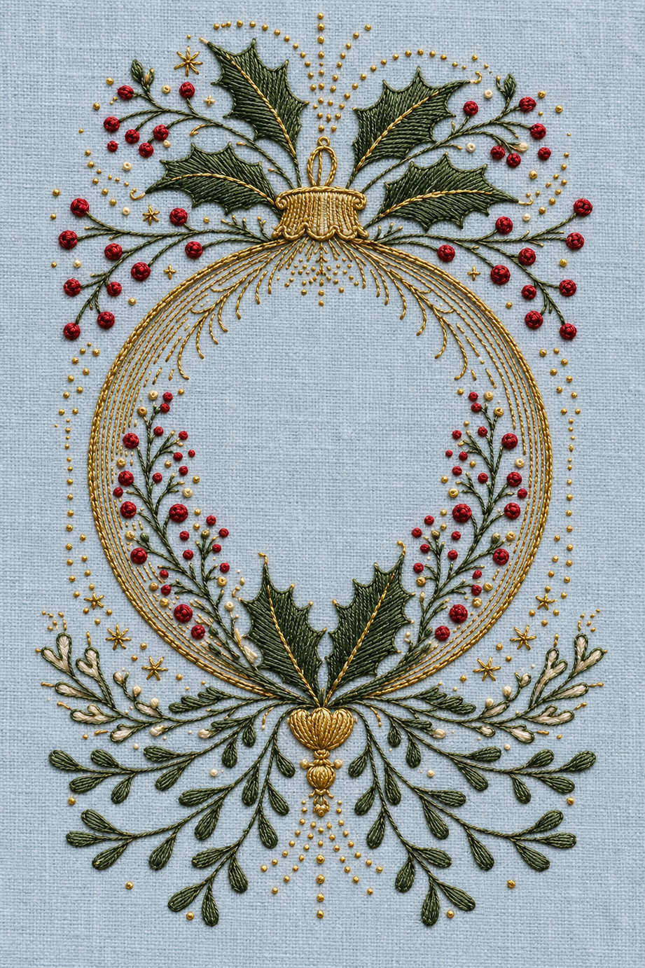 Fine oval Christmas ornament frame with holly, berry sprays and an open centre embroidered on pale blue linen. Textile visualization from Christmas Embroidery Collection Edition 2, a digital PDF design book.
