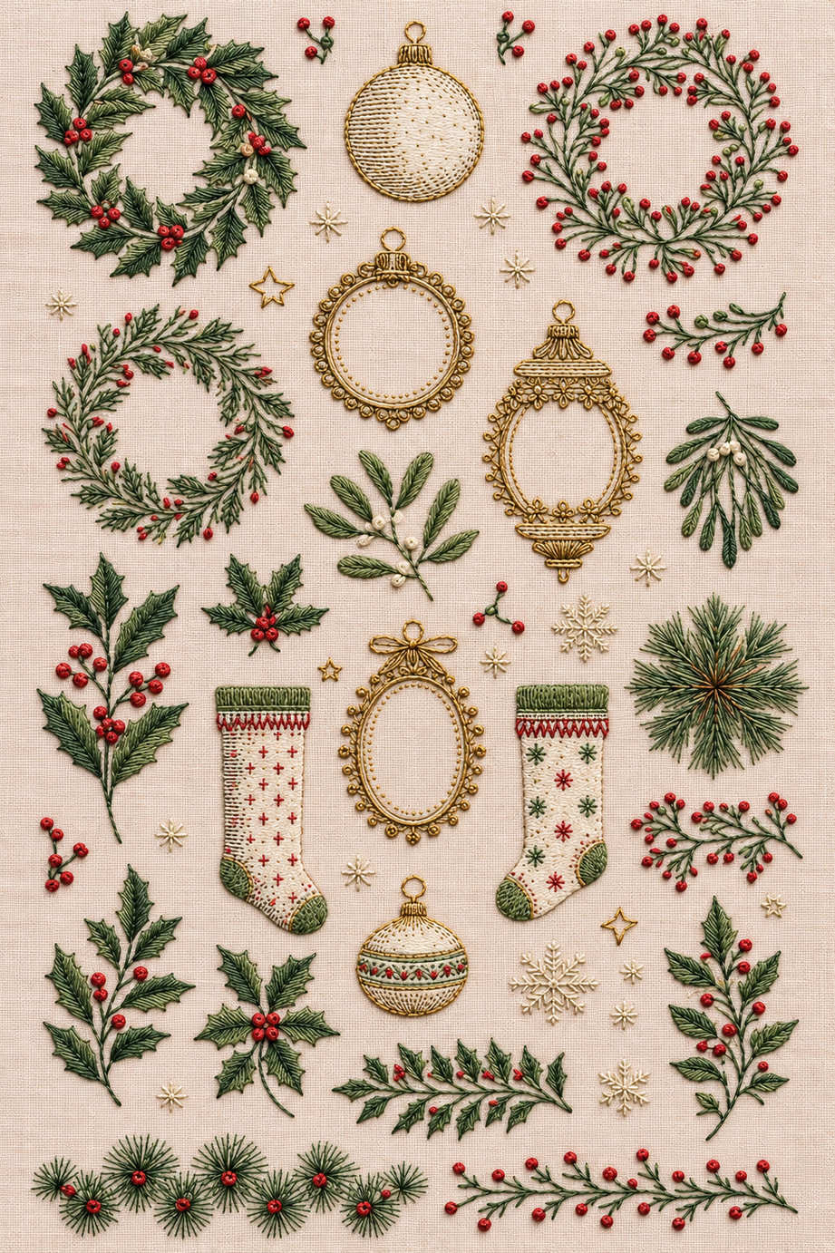 Fine Christmas library of wreaths, open ornament frames, stockings, baubles and botanical sprigs on pale blush linen. Textile visualization from Christmas Embroidery Collection Edition 2, a digital PDF design book.
