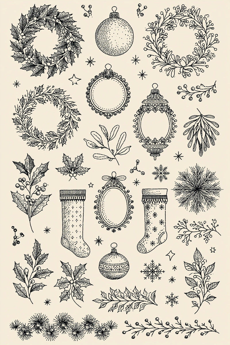 Original christmas wreath frame stocking library design plate from Christmas Embroidery Collection Edition 2, a digital PDF embroidery design book.