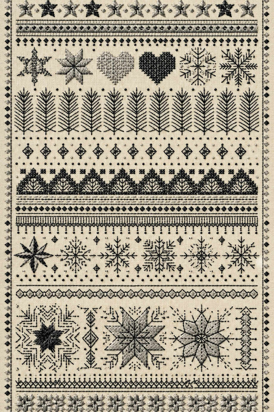 Nordic Christmas bands of stars, two hearts, fir branches and snowflakes in charcoal and ivory fine counted-thread embroidery. Textile visualization from Christmas Embroidery Collection Edition 2, a digital PDF design book.