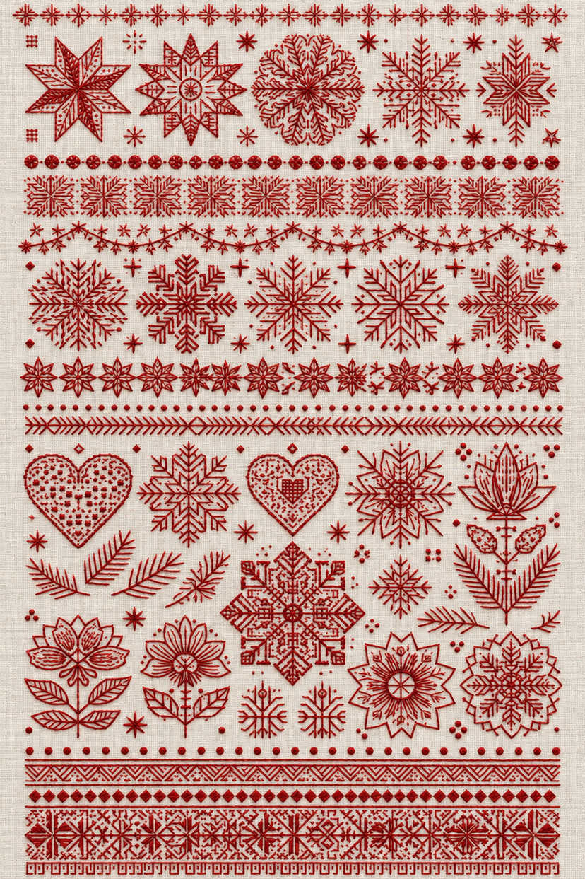 Nordic Christmas snowflakes, patterned hearts, fir sprigs, flowers and geometric borders in fine brick-red counted-thread embroidery on ivory linen. Textile visualization from Christmas Embroidery Collection Edition 2, a digital PDF design book.