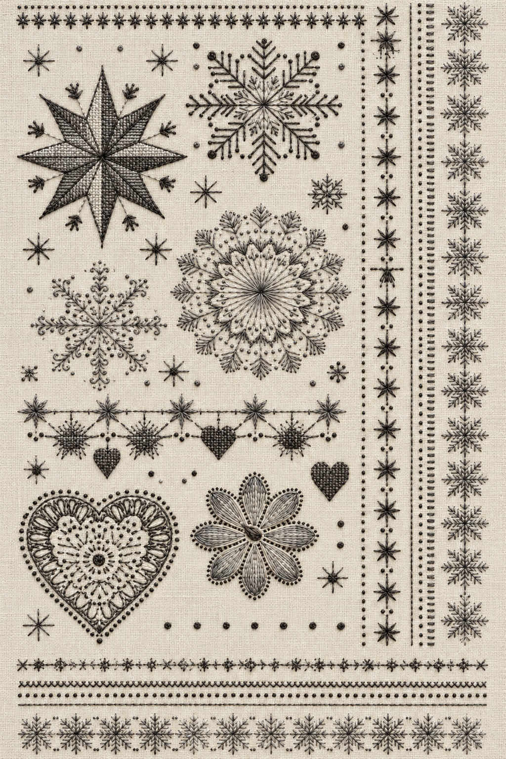 Fine monochrome Christmas sampler of stars, snowflakes, a patterned heart, a six-petal flower and border strips on pale natural linen. Textile visualization from Christmas Embroidery Collection Edition 2, a digital PDF design book.