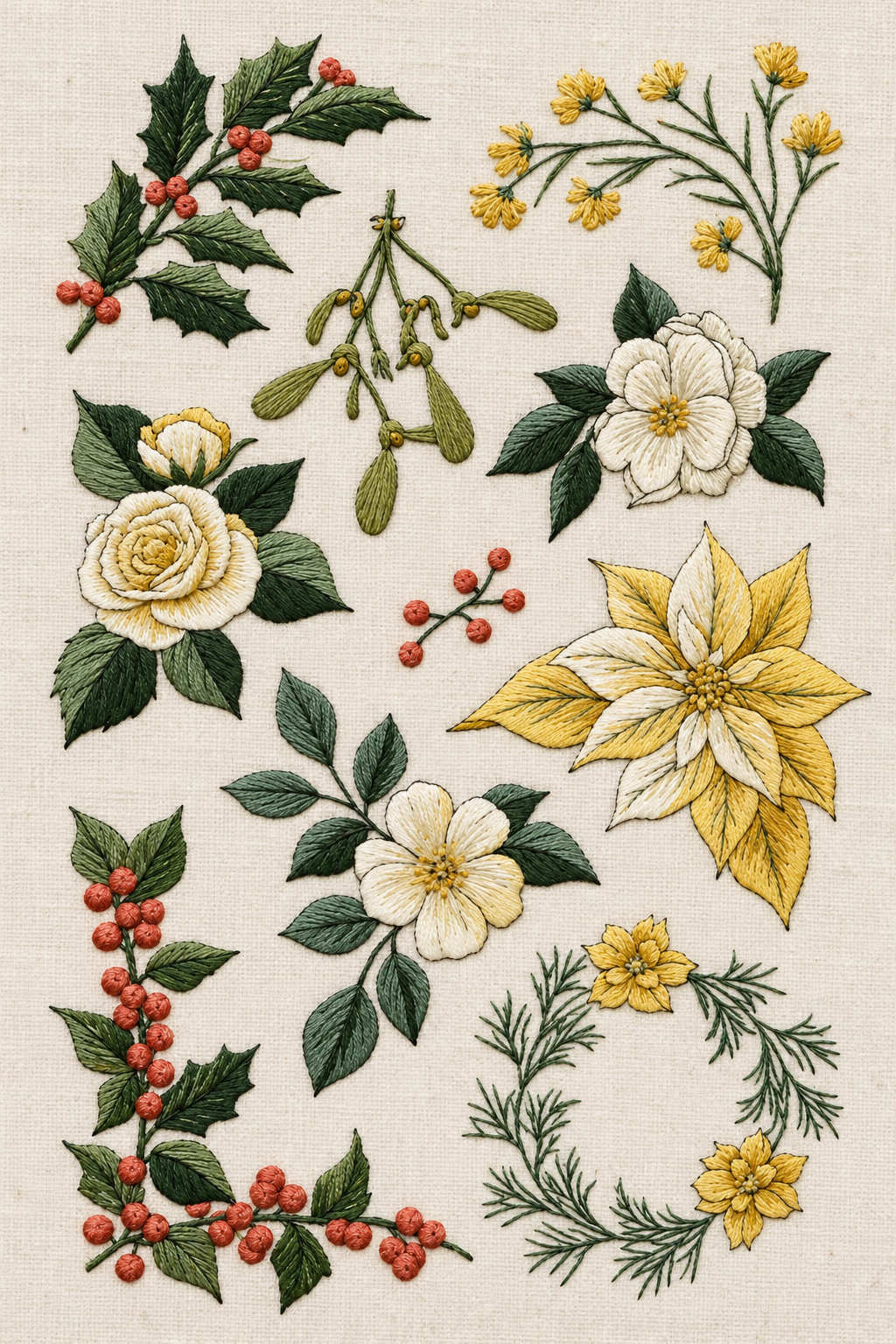 Fine embroidery of original holly, mistletoe, cream and yellow flowers, coral berries and a botanical wreath on ivory linen. Textile visualization from Christmas Embroidery Collection Edition 2, a digital PDF design book.