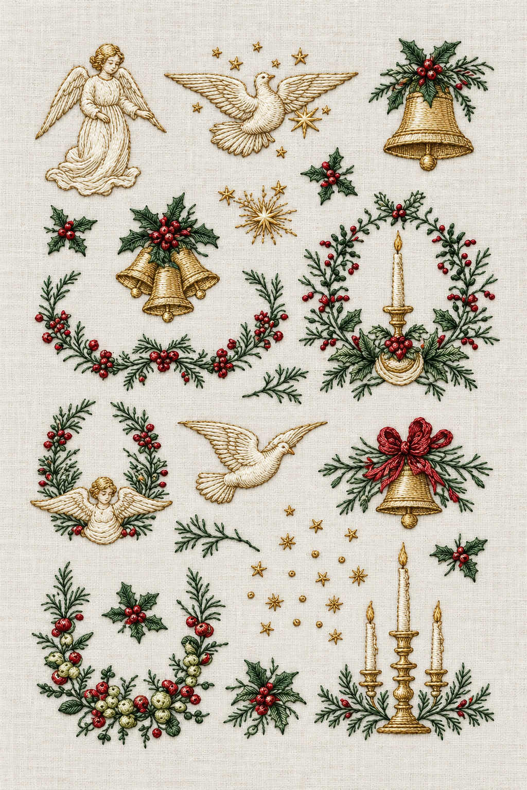 Fine Christmas embroidery sampler with an angel, two flying doves, a cherub, holly bells, wreaths and candles on ivory linen. Textile visualization from Christmas Embroidery Collection Edition 3, a digital PDF design book.