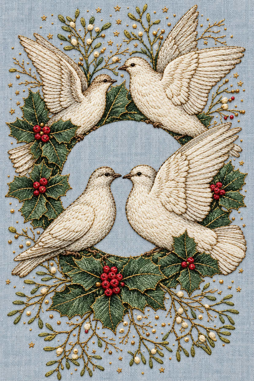 Exactly four facing Christmas doves around a holly and mistletoe wreath with a bare centre, rendered in fine embroidery on pale blue linen. Textile visualization from Christmas Embroidery Collection Edition 3, a digital PDF design book.