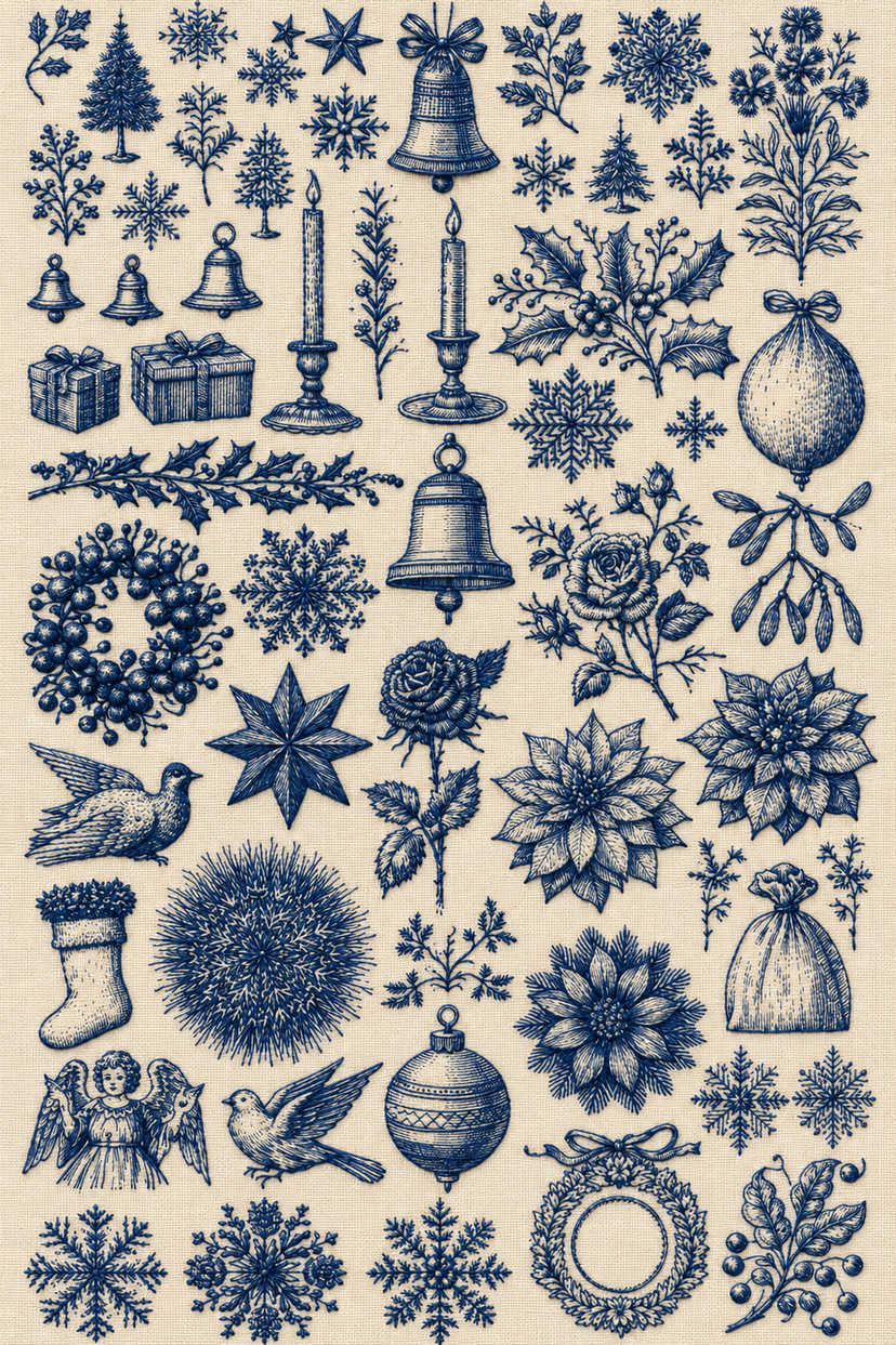 A dense Christmas motif library of bells, trees, candles, birds, roses, snowflakes and ornaments embroidered in fine navy blue on ivory linen. Textile visualization from Christmas Embroidery Collection Edition 3, a digital PDF design book.