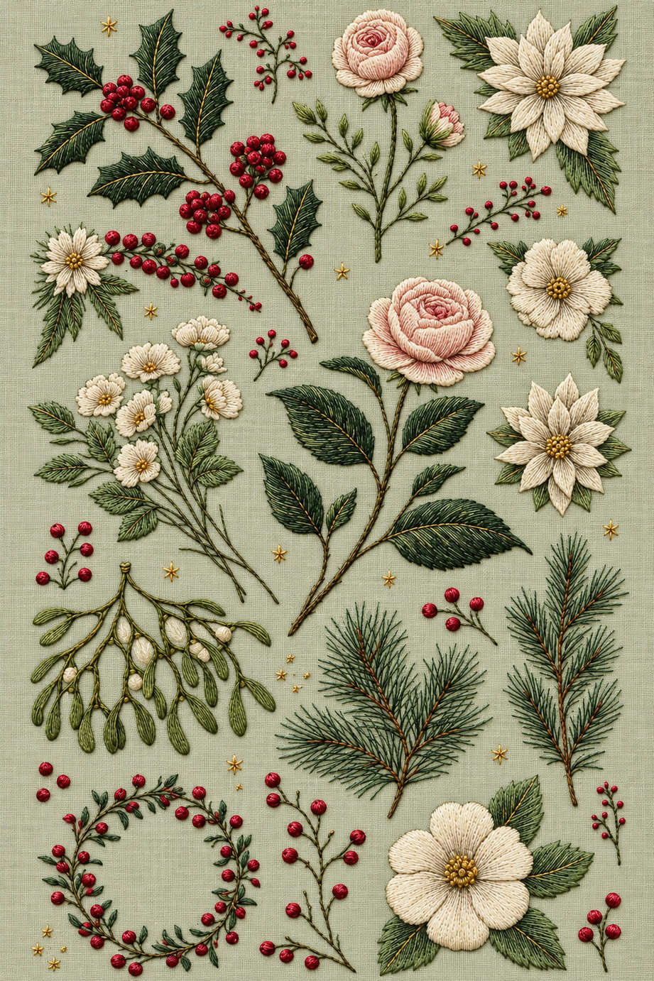 Fine winter botanical embroidery sampler with holly, two roses, seasonal flowers, mistletoe, pine sprigs and a berry wreath on pale sage linen. Textile visualization from Christmas Embroidery Collection Edition 3, a digital PDF design book.