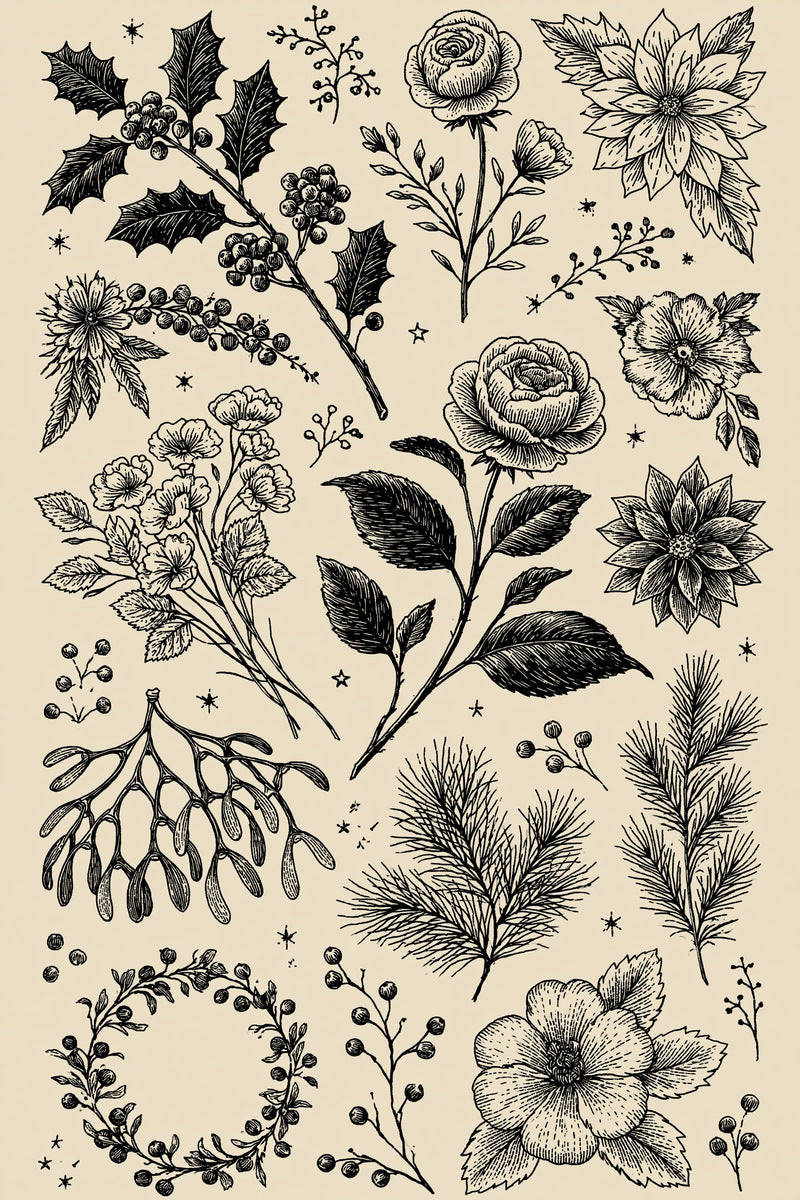 Original christmas winter botanical library design plate from Christmas Embroidery Collection Edition 3, a digital PDF embroidery design book.