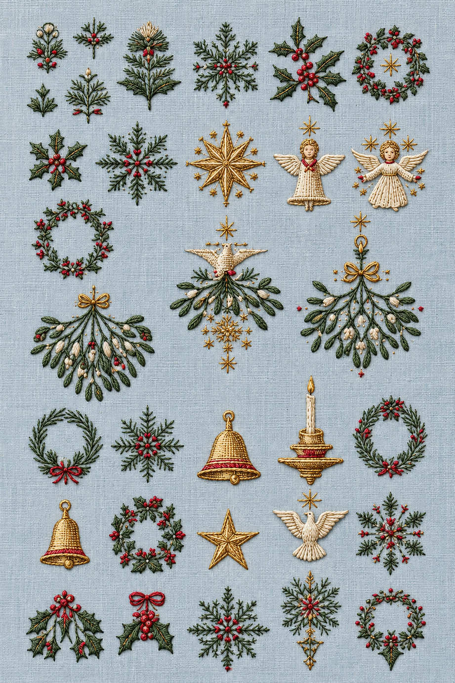 Fine Christmas miniature sampler of wreaths, snowflakes, two angels, two doves, bells, mistletoe and candles on pale blue linen. Textile visualization from Christmas Embroidery Collection Edition 3, a digital PDF design book.