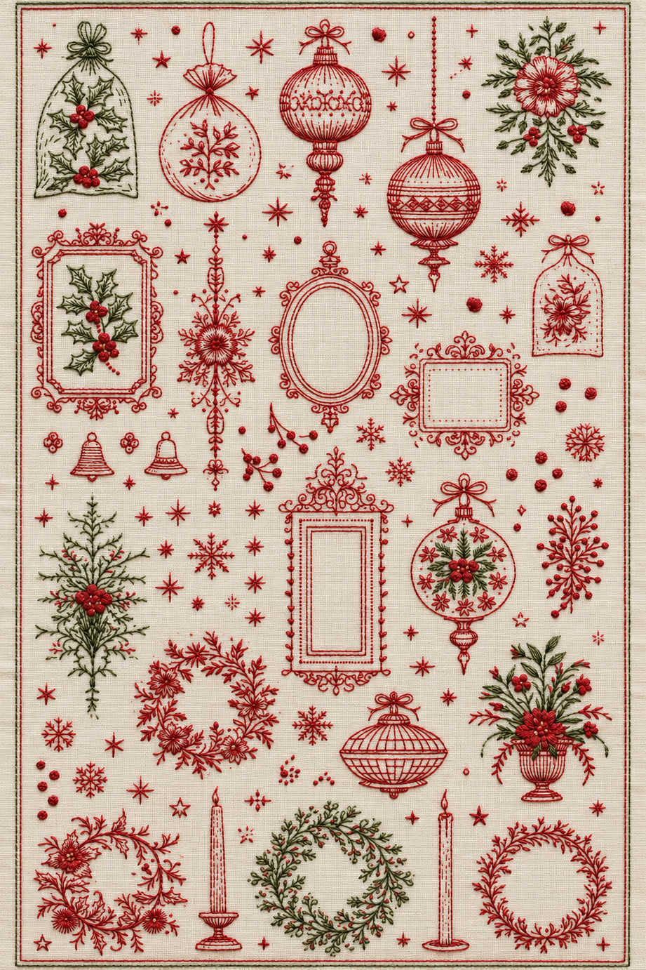 Red and olive green Christmas motif library of ornaments, gift sacks, empty frames, wreaths, candles and flowers on ivory linen. Textile visualization from Christmas Embroidery Collection Edition 3, a digital PDF design book.