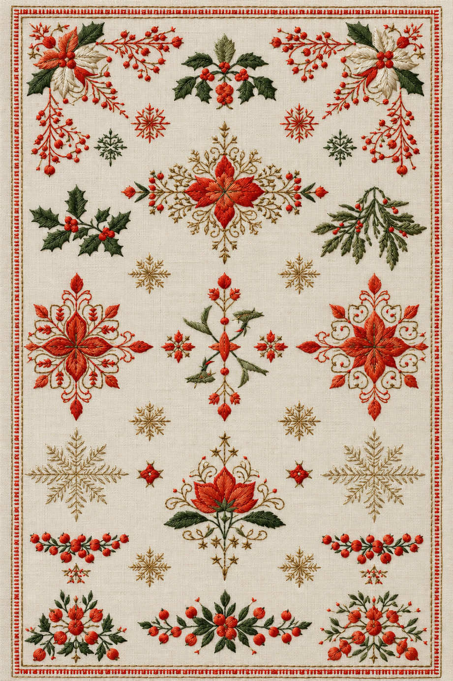 Fine traditional Christmas linen panel with original red-orange flowers, green holly, berry corners and warm gold snowflakes. Textile visualization from Christmas Embroidery Collection Edition 3, a digital PDF design book.