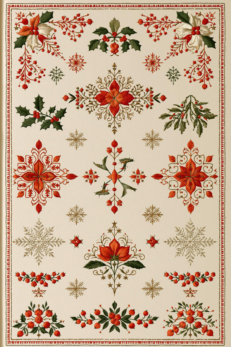 Original christmas home linen floral panel design plate from Christmas Embroidery Collection Edition 3, a digital PDF embroidery design book.