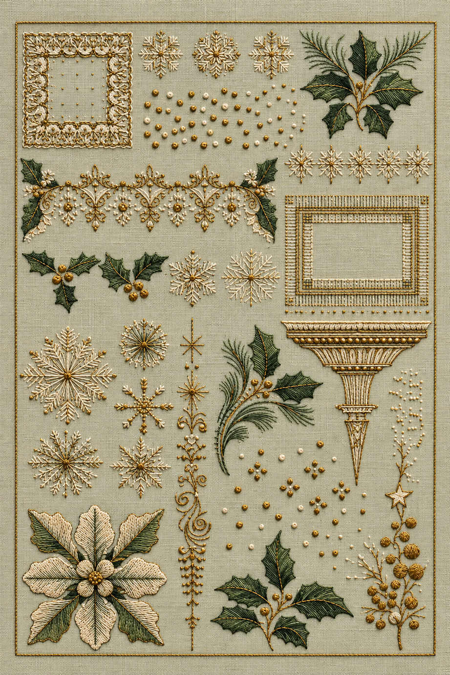 Fine Christmas lace border and frame sampler with snowflakes, holly, a pointed ornamental motif and botanical accents on pale sage linen. Textile visualization from Christmas Embroidery Collection Edition 3, a digital PDF design book.