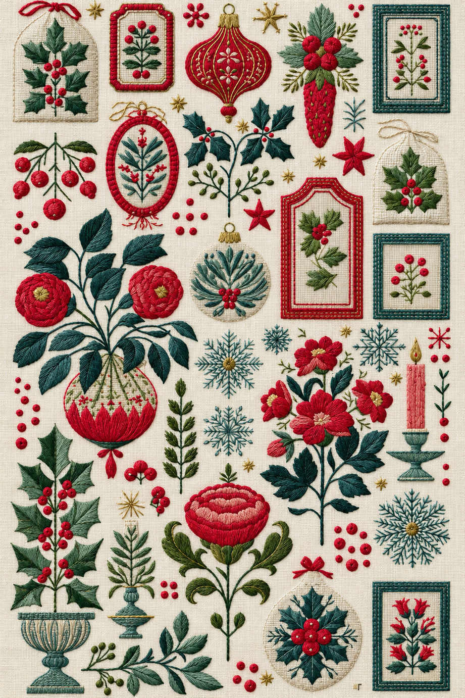 Fine red, green and teal Christmas keepsake sampler with holly tags, ornaments, floral frames, roses, snowflakes and a candle on ivory linen. Textile visualization from Christmas Embroidery Collection Edition 3, a digital PDF design book.