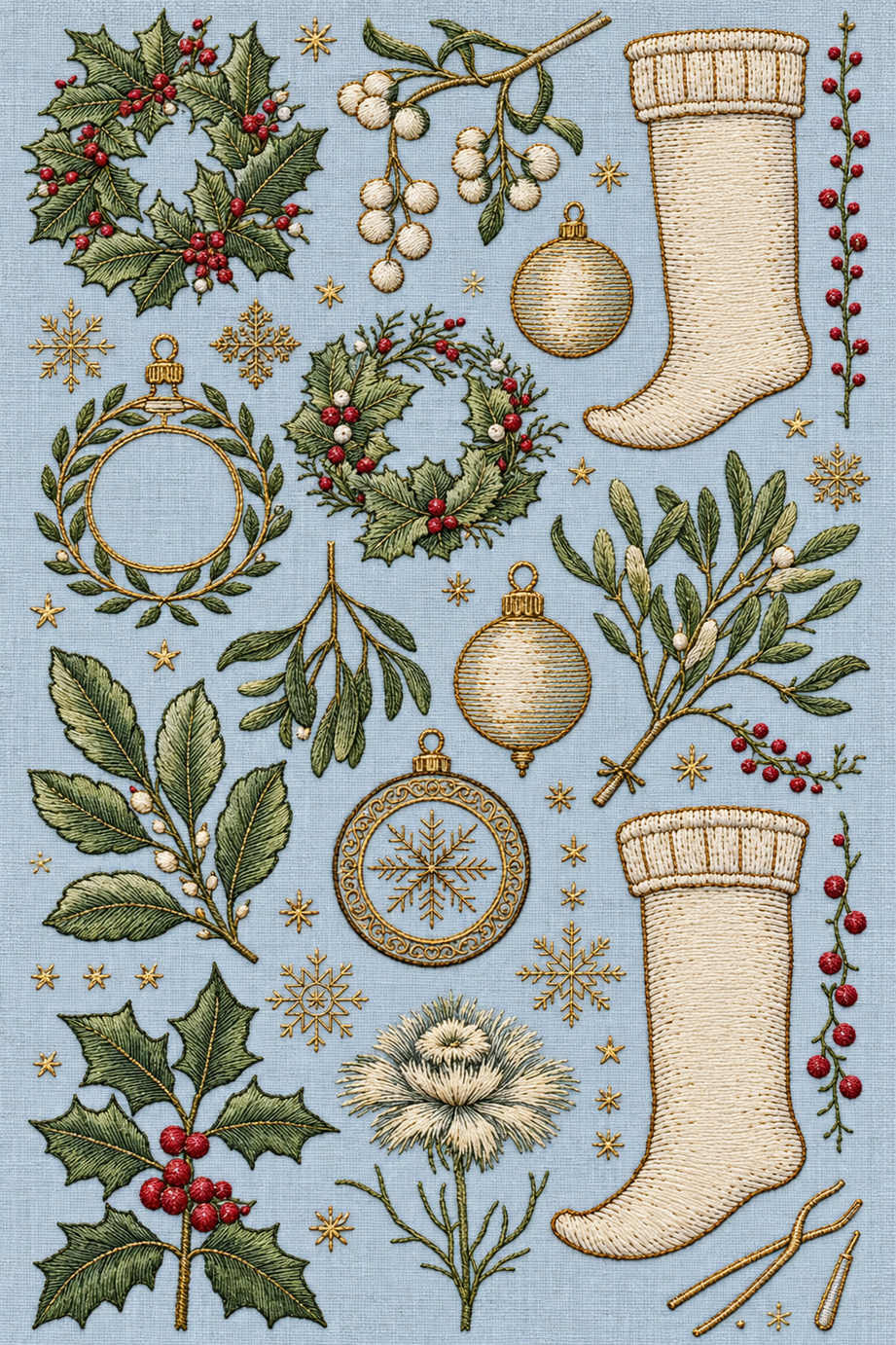 Fine Christmas stockings, wreaths, ornaments, mistletoe and holly sampler with small sewing-tool motifs on pale blue linen. Textile visualization from Christmas Embroidery Collection Edition 3, a digital PDF design book.