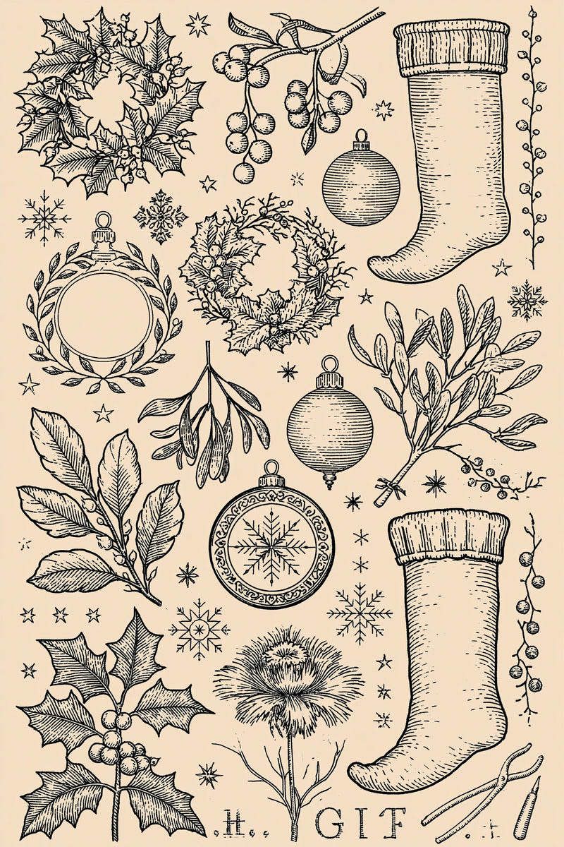 Original christmas stocking wreath ornament study design plate from Christmas Embroidery Collection Edition 3, a digital PDF embroidery design book.