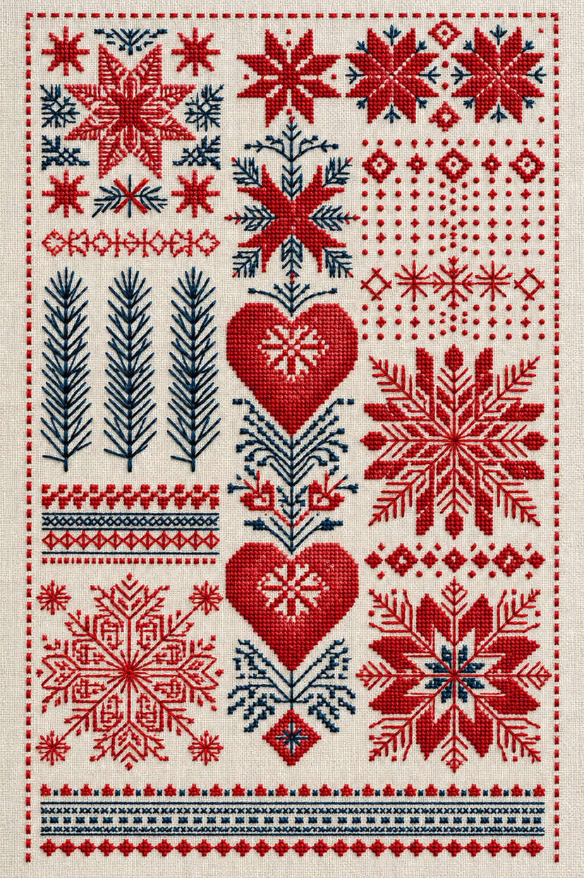 Fine counted-thread Nordic Christmas sampler of two red hearts, geometric snowflakes, fir branches and border bands in red and navy on ivory linen. Textile visualization from Christmas Embroidery Collection Edition 3, a digital PDF design book.
