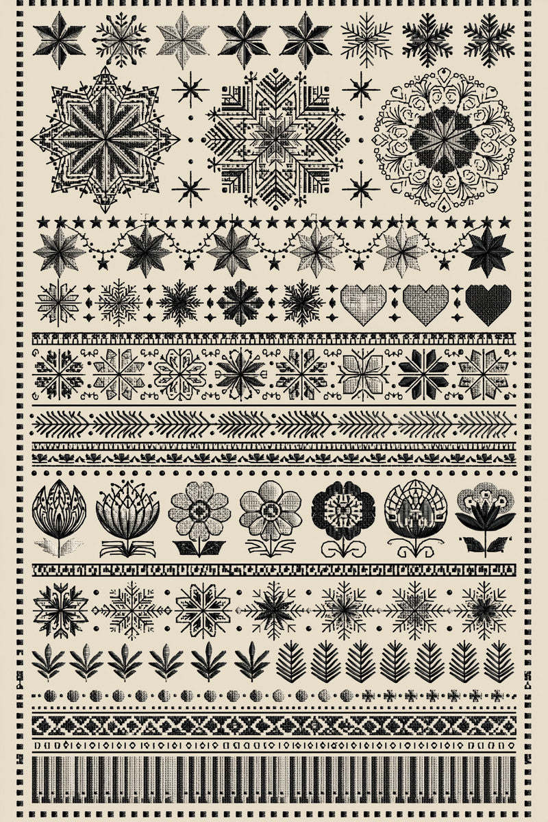 Original monochrome nordic holiday band library design plate from Christmas Embroidery Collection Edition 3, a digital PDF embroidery design book.