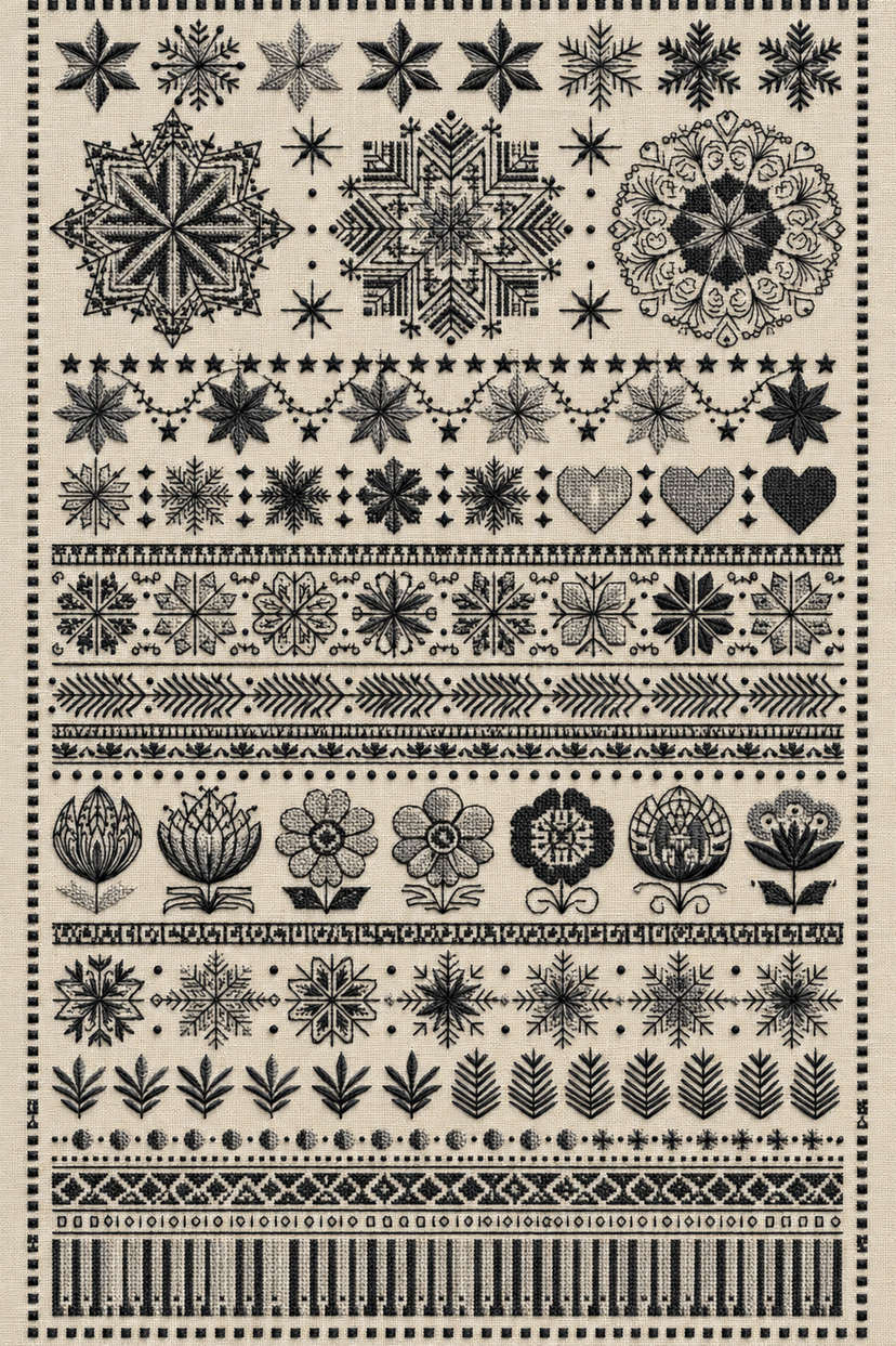Monochrome Nordic holiday sampler of geometric stars, three hearts, flowers, fir sprigs and intricate borders in fine charcoal and ivory embroidery. Textile visualization from Christmas Embroidery Collection Edition 3, a digital PDF design book.