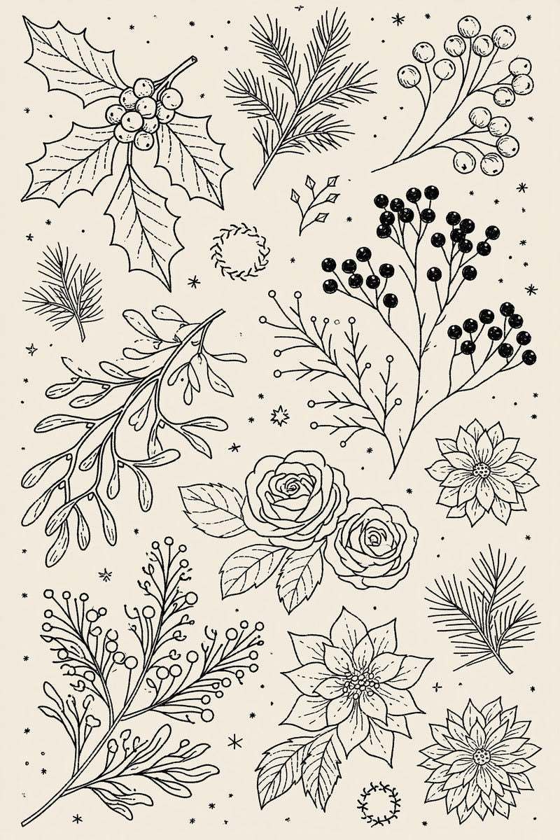Original winter botanical miniature collection design plate from Christmas Embroidery Collection Edition 3, a digital PDF embroidery design book.