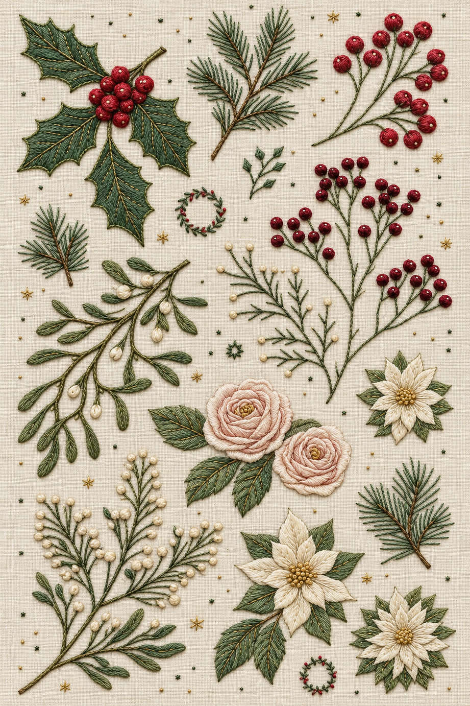 Fine winter botanical sampler of holly, pine, mistletoe, berries, paired roses and poinsettias on ivory linen. Textile visualization from Christmas Embroidery Collection Edition 3, a digital PDF design book.