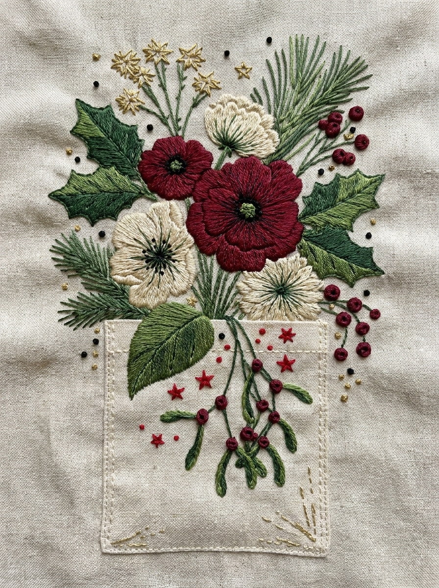 Christmas Gift Bag Floral Motif from Christmas Embroidery Collection Book 2, a digital embroidery design reference for machine embroidery designs, embroidery patterns and seasonal embroidery motifs.